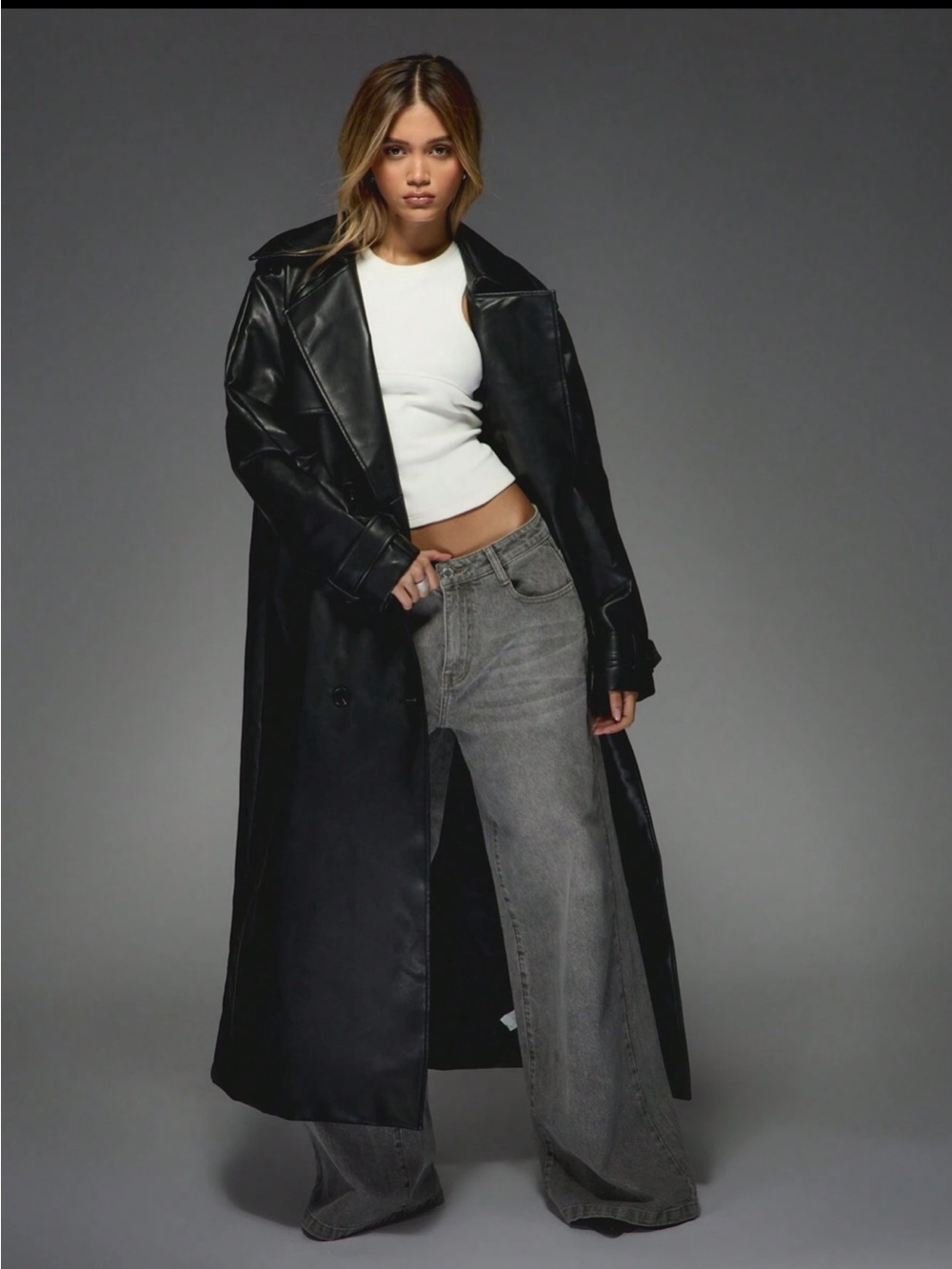 Missguided Long Black Leather Trench Coat size US 6 (M)